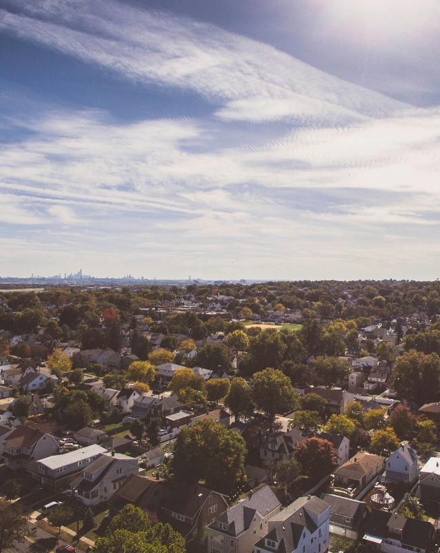 Vue aérienne d'une banlieue arborée.